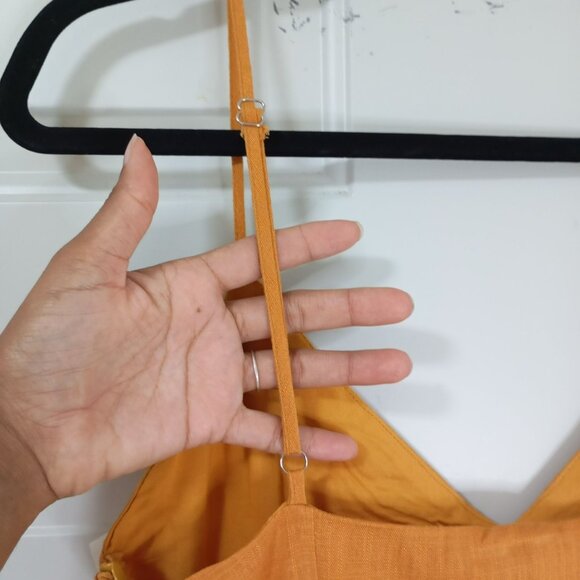 Selfie Leslie Midi Dress Mustard  Spaghetti Straps Button Details Belted Waist M - Picture 9 of 13